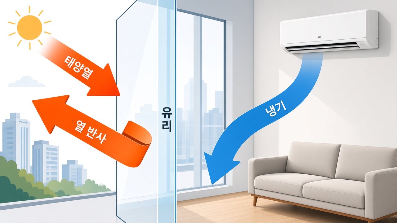 여름 단열필름 도식. 태양열은 반사하고 실내 냉기는 남깁니다.
