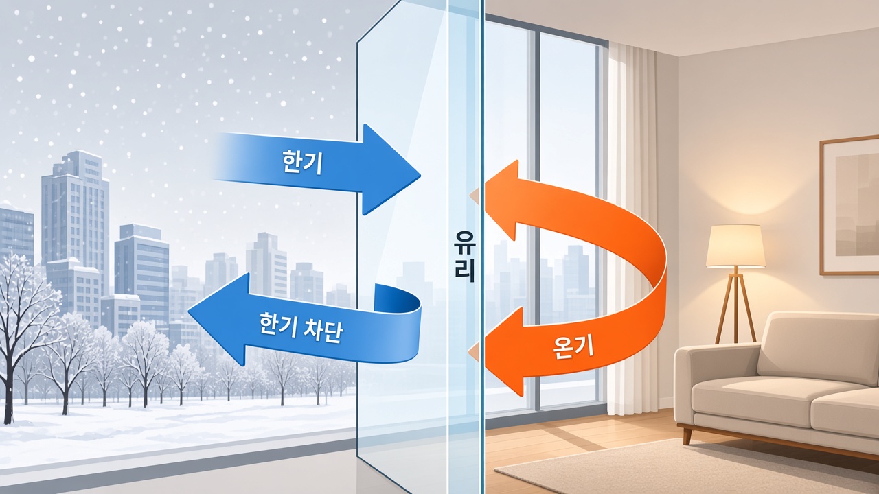겨울 단열필름 도식. 한기는 막고 실내 온기는 지킵니다.